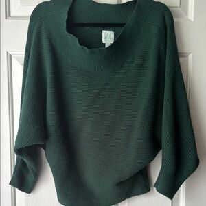 Green Sweater with Draped Neckline and Batwing Sleeves